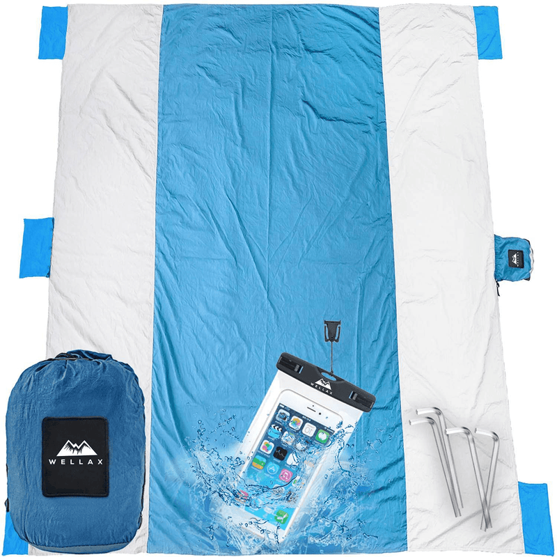 WELLAX Beach Blanket Waterproof Sandproof for 4 - 7 Adults, Oversized Lightweight Corner Pockets Picnic Mat 9' x 10', Outdoor Blanket with 4 Metal Stakes for Travel, Camping, Hiking and Festivals Home & Garden > Lawn & Garden > Outdoor Living > Outdoor Blankets > Picnic Blankets WELLAX White-blue  