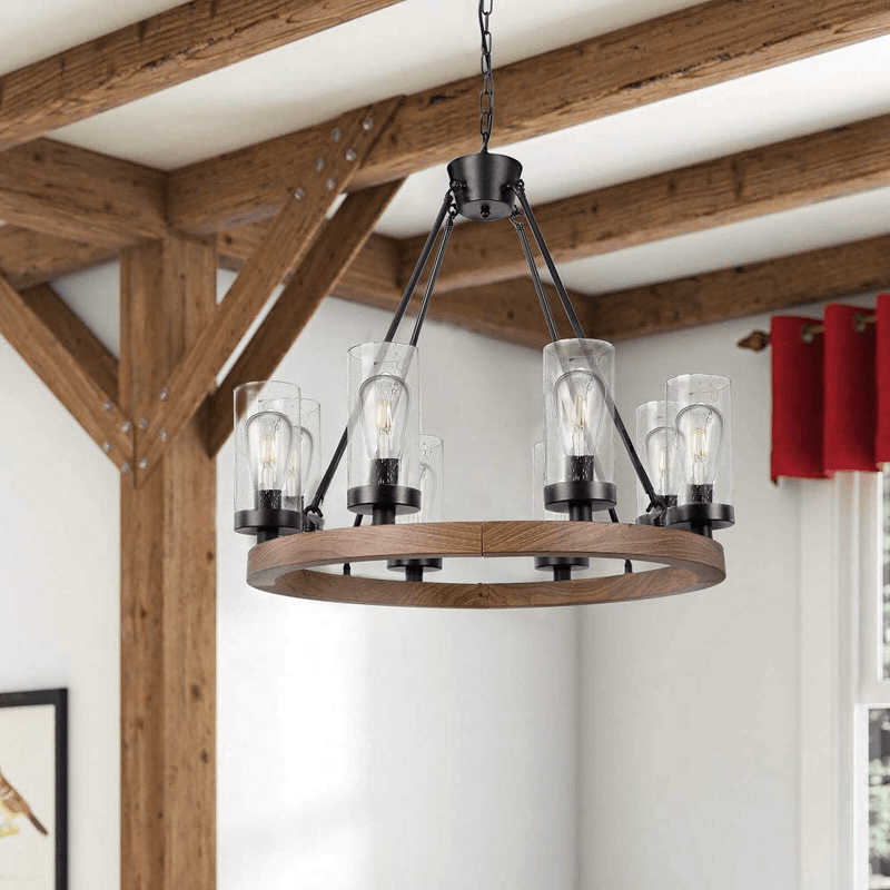 Wellmet 8-Light Farmhouse Chandeliers for Dining Room, 30 inch Rustic Wagon Wheel Chandelier with Seeded Glass Shade, Antique Vintage Round Wood-Painted Hanging Lighting Kitchen Island Living Room