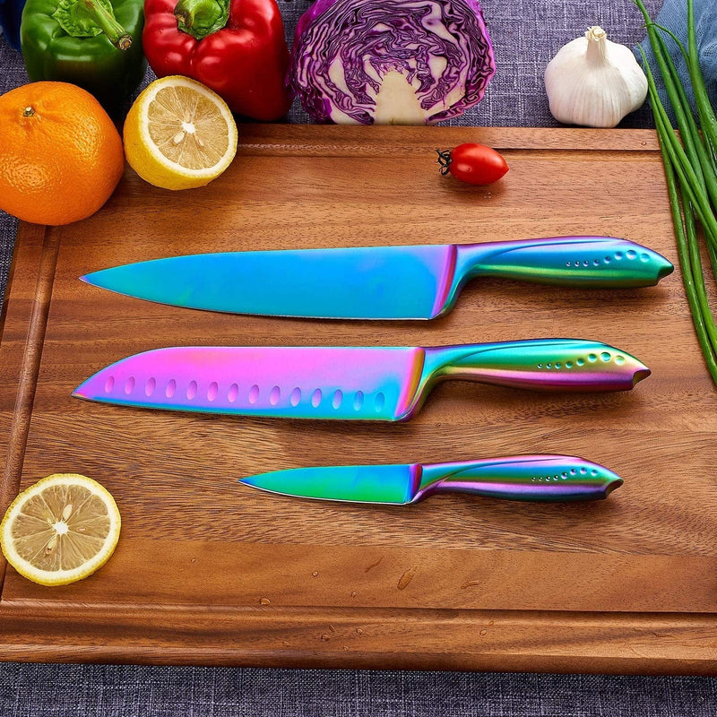 WELLSTAR Kitchen Knife Set 3 Piece, Razor Sharp German Stainless Steel Blade and Comfortable Handle with Rainbow Titanium Coated, Chef Santoku Paring for Cutting Dicing Mincing and Peeling, Gift Box