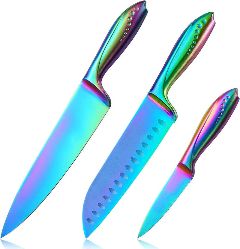 WELLSTAR Kitchen Knife Set 3 Piece, Razor Sharp German Stainless Steel Blade and Comfortable Handle with Rainbow Titanium Coated, Chef Santoku Paring for Cutting Dicing Mincing and Peeling, Gift Box Home & Garden > Kitchen & Dining > Kitchen Tools & Utensils > Kitchen Knives WELLSTAR   