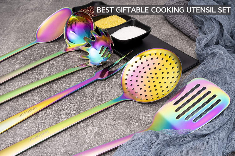 WELLSTAR Kitchen Utensil Set, 6 Pcs Rainbow Cooking Utensil Set – Durable 304 Stainless Steel Kitchen Tools and Gadgets – Pasta Server, Ladle, Serving Spoon, Turner, Skimmer and Fork, Dishwasher Safe Home & Garden > Kitchen & Dining > Kitchen Tools & Utensils WELLSTAR   