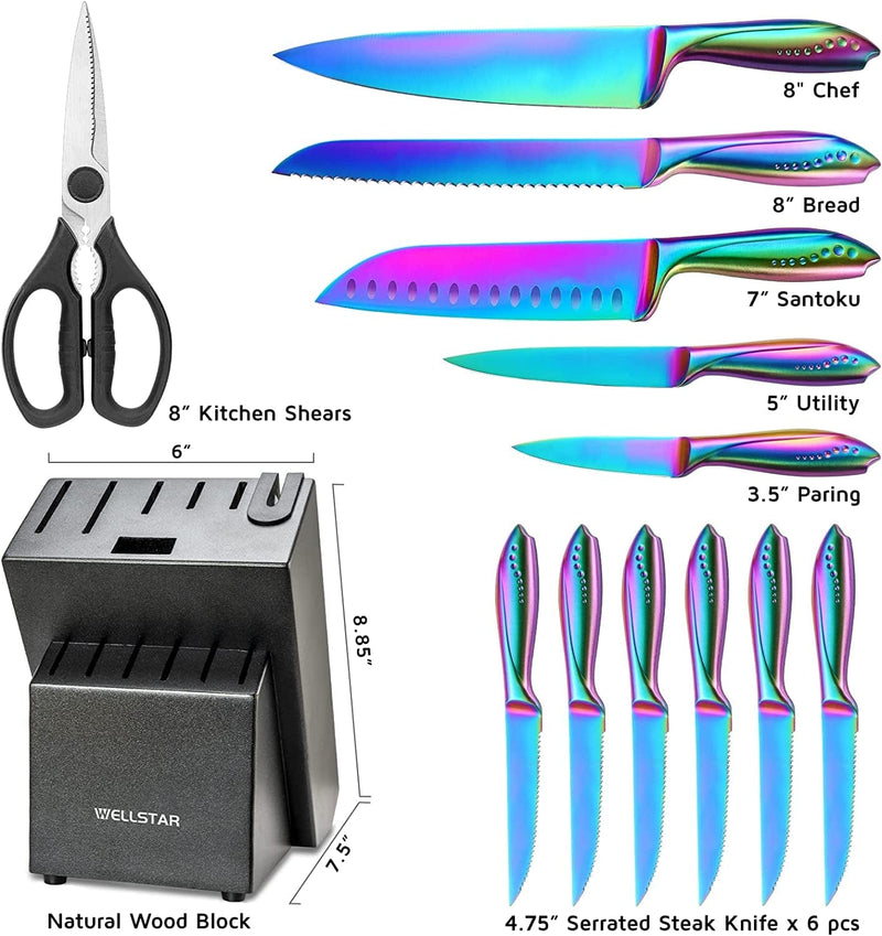 WELLSTAR Rainbow Knife Set 14 Pieces, Iridescent German Stainless Steel Kitchen Knives Set with Wooden Block, Colorful Titanium Coating, Chef’S Knife Block Set with Scissors and Built-In Sharpener Home & Garden > Kitchen & Dining > Kitchen Tools & Utensils > Kitchen Knives WELLSTAR   