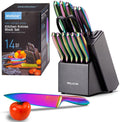 WELLSTAR Rainbow Knife Set 14 Pieces, Iridescent German Stainless Steel Kitchen Knives Set with Wooden Block, Colorful Titanium Coating, Chef’S Knife Block Set with Scissors and Built-In Sharpener Home & Garden > Kitchen & Dining > Kitchen Tools & Utensils > Kitchen Knives WELLSTAR Iridescent  