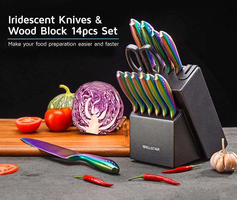 WELLSTAR Rainbow Knife Set 14 Pieces, Iridescent German Stainless Steel Kitchen Knives Set with Wooden Block, Colorful Titanium Coating, Chef’S Knife Block Set with Scissors and Built-In Sharpener Home & Garden > Kitchen & Dining > Kitchen Tools & Utensils > Kitchen Knives WELLSTAR   