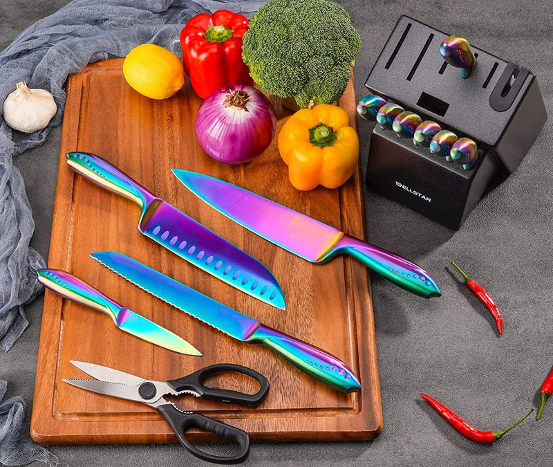 WELLSTAR Rainbow Knife Set 14 Pieces, Iridescent German Stainless Steel Kitchen Knives Set with Wooden Block, Colorful Titanium Coating, Chef’S Knife Block Set with Scissors and Built-In Sharpener