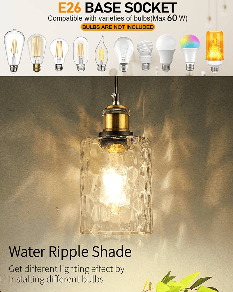WENFENG 3 Light Pendant Lighting, Adjustable Dining Room Light Fixtures, Small Hanging Kitchen Lights,4.2'W5.3'H Water Ripple Glass Pendant with E26 Bronze Base for Hallway, Bedroom, Living Room