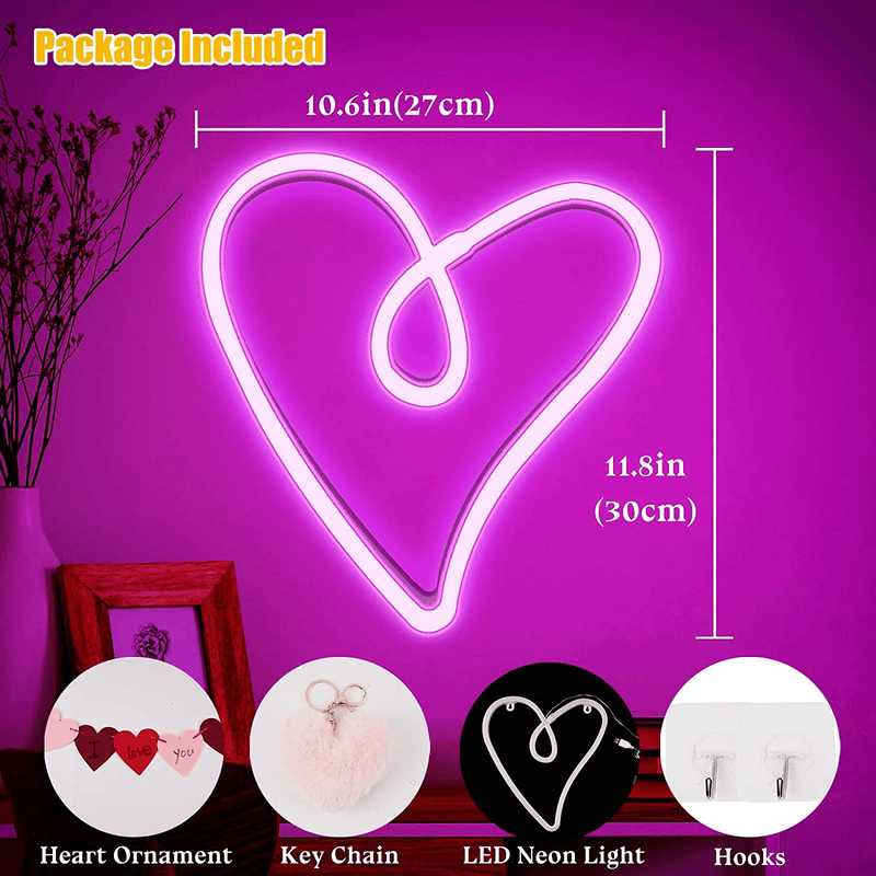 WENMER Heart Neon Light Valentine'S Neon Heart Sign LED Neon Light Battery or USB Powered for Wall Room Decoration for Christmas, Valentine’S Day, Party Birthday Gift