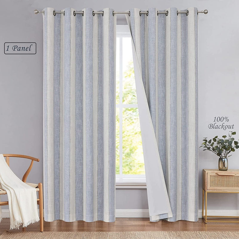 WEST LAKE Blue and Beige 100% Blackout Farmhouse Curtain 84 Inches Long Thermal Insulated Grommet Blackout Window Treatment Blue White Vertical Striped for Bedroom,Living Room,50" Wx84 L,1 Panel