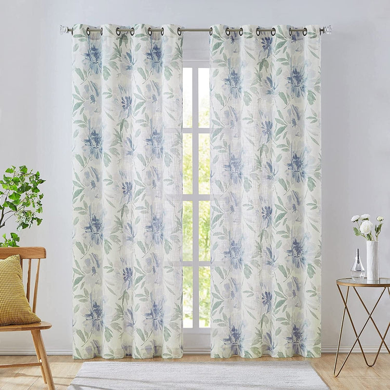 WEST LAKE Floral Curtains Yellow Gray Flower Leaf Linen Rayon Semi-Sheer Farmhouse Botanical Curtains 84 Inch Long Light Filtering Drapes Grommet Top Window Treatments for Bedroom Balcony W52Xl84X2 Home & Garden > Decor > Window Treatments > Curtains & Drapes WEST LAKE Blue 52"x95"x2 