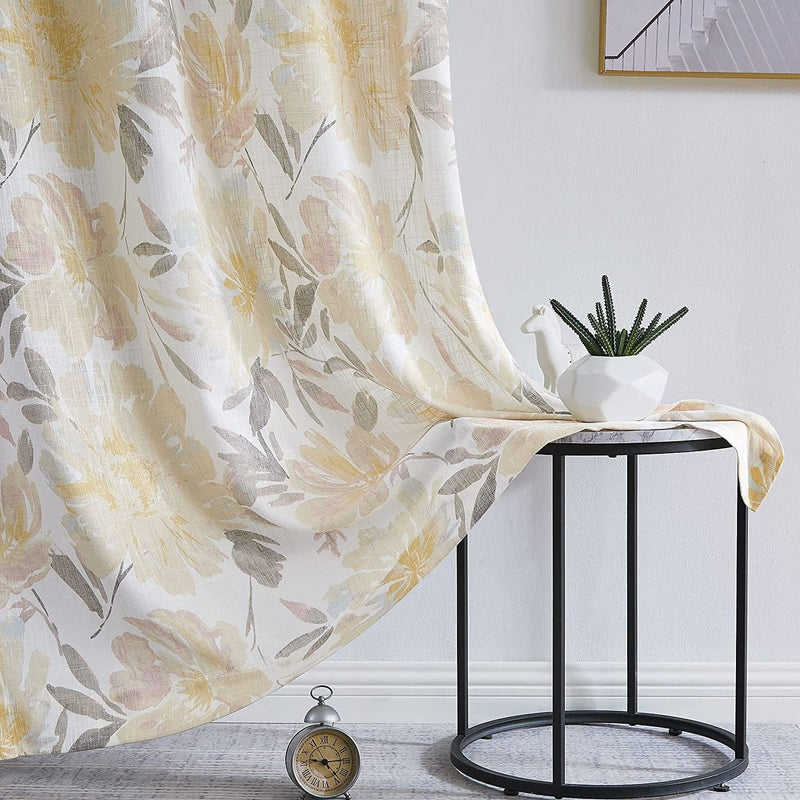 WEST LAKE Floral Curtains Yellow Gray Flower Leaf Linen Rayon Semi-Sheer Farmhouse Botanical Curtains 84 Inch Long Light Filtering Drapes Grommet Top Window Treatments for Bedroom Balcony W52Xl84X2 Home & Garden > Decor > Window Treatments > Curtains & Drapes WEST LAKE Yellow 52"x84"x2 