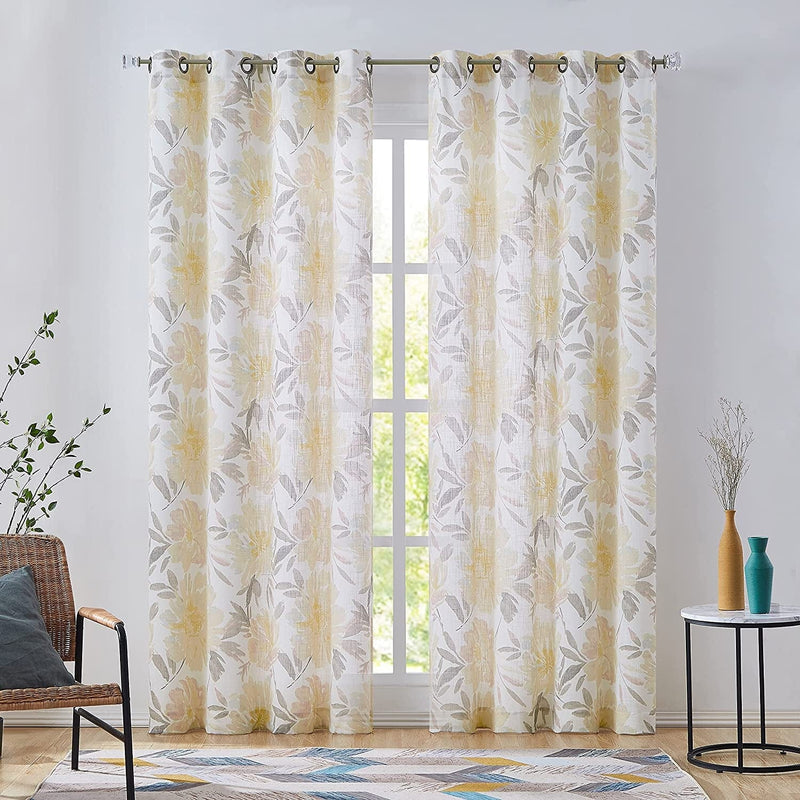WEST LAKE Floral Curtains Yellow Gray Flower Leaf Linen Rayon Semi-Sheer Farmhouse Botanical Curtains 84 Inch Long Light Filtering Drapes Grommet Top Window Treatments for Bedroom Balcony W52Xl84X2 Home & Garden > Decor > Window Treatments > Curtains & Drapes WEST LAKE Yellow 52"x95"x2 