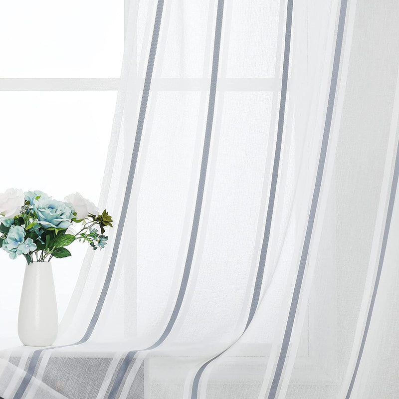 WEST LAKE Stripe Linen Sheer Curtain Grommets Top Pinstripes Rustic Farmhouse Semi Sheer Window Treatment Sets for Dining, Living Room, Bedroom, Gray and White Stripe, 52''X95'', 2 Pieces Home & Garden > Decor > Window Treatments > Curtains & Drapes WEST LAKE Blue 52''x63''x2 