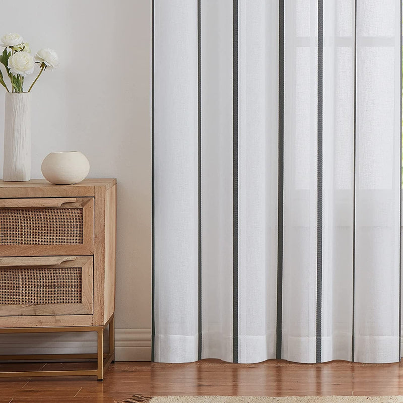 WEST LAKE Stripe Linen Sheer Curtain Grommets Top Pinstripes Rustic Farmhouse Semi Sheer Window Treatment Sets for Dining, Living Room, Bedroom, Gray and White Stripe, 52''X95'', 2 Pieces Home & Garden > Decor > Window Treatments > Curtains & Drapes WEST LAKE   