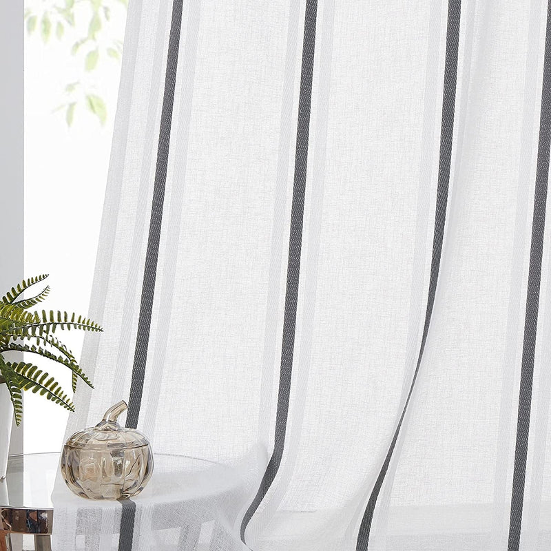 WEST LAKE Stripe Linen Sheer Curtain Grommets Top Pinstripes Rustic Farmhouse Semi Sheer Window Treatment Sets for Dining, Living Room, Bedroom, Gray and White Stripe, 52''X95'', 2 Pieces Home & Garden > Decor > Window Treatments > Curtains & Drapes WEST LAKE Grey 52''x95''x2 