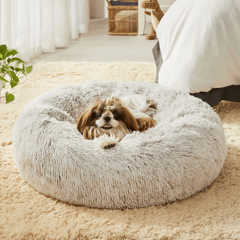Western Home Faux Fur Dog Bed & Cat Bed, Original Calming Dog Bed for Small Medium Pet, anti Anxiety Donut Cuddler round Warm Bed for Dogs with Fluffy Comfy Plush Kennel Cushion(20",24",27") Animals & Pet Supplies > Pet Supplies > Dog Supplies > Dog Beds WESTERN HOME WH Khaki 20 x 20 Inch 