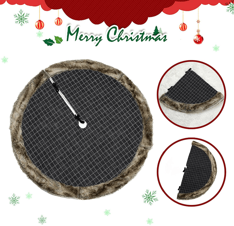 WEWILL 48'' Thick Luxury Christmas Tree Skirt with Faux Fur Trim Black Plaid Double Layers Holiday Decorations Xmas Tree Skirt Themed with Christmas Stockings(Not Included)