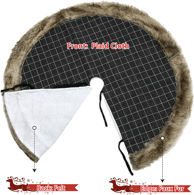 WEWILL 48'' Thick Luxury Christmas Tree Skirt with Faux Fur Trim Black Plaid Double Layers Holiday Decorations Xmas Tree Skirt Themed with Christmas Stockings(Not Included)