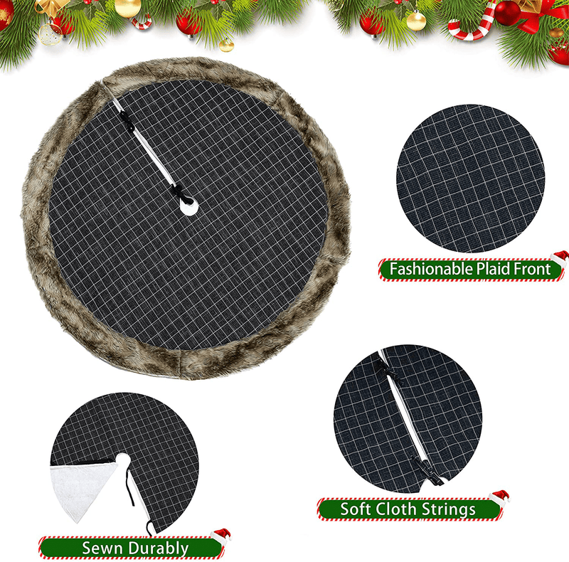 WEWILL 48'' Thick Luxury Christmas Tree Skirt with Faux Fur Trim Black Plaid Double Layers Holiday Decorations Xmas Tree Skirt Themed with Christmas Stockings(Not Included) Home & Garden > Decor > Seasonal & Holiday Decorations > Christmas Tree Skirts WEWILL   