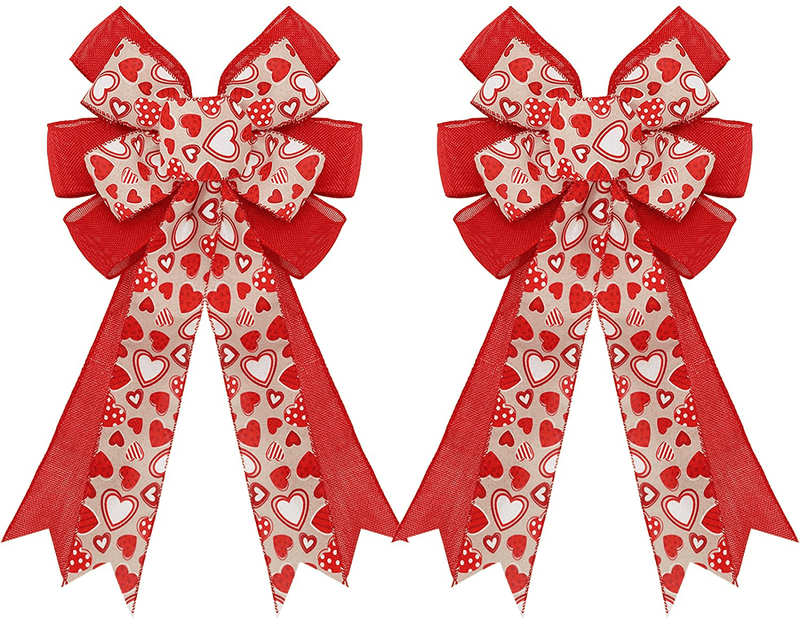 Whaline 2 Pack Valentine'S Day Wreath Bow Red Patterned Heart Valentine Large Gift Bow Imitated Linen Burlap Handmade Bow for Indoor Outdoor Festive Home Decoration Party Supplies, 11 X 21Inch Home & Garden > Decor > Seasonal & Holiday Decorations Whaline   