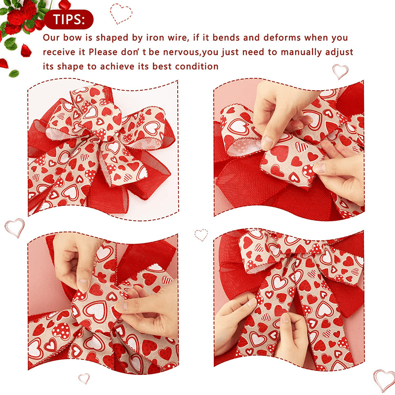 Whaline 2 Pack Valentine'S Day Wreath Bow Red Patterned Heart Valentine Large Gift Bow Imitated Linen Burlap Handmade Bow for Indoor Outdoor Festive Home Decoration Party Supplies, 11 X 21Inch Home & Garden > Decor > Seasonal & Holiday Decorations Whaline   