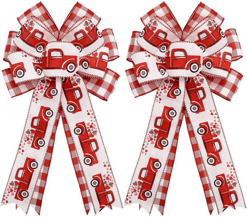 Whaline 2 Pack Valentine'S Day Wreath Bow Red White Buffalo Plaid Truck Bow for Wreath Imitated Linen Burlap Handmade Large Bow for Indoor Outdoor Festive Home Decoration Party Supplies, 11 X 21Inch Home & Garden > Decor > Seasonal & Holiday Decorations Whaline   