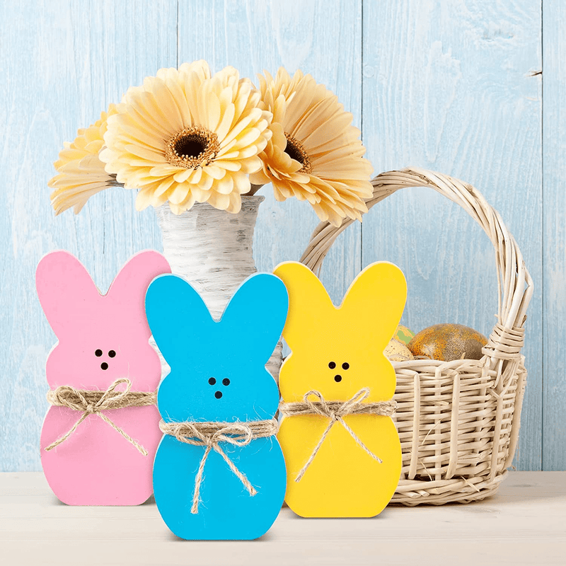 Whaline 3Pcs Easter Wooden Sign Pink Blue Yellow Easter Bunny Wooden Table Centerpieces with Jute Rope Freestanding Rabbit Shape Tabletop Decoration for Spring Birthday Home Office Farmhouse Gift