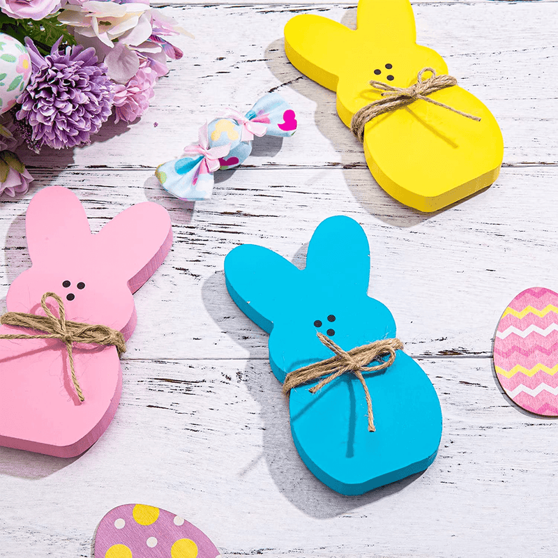 Whaline 3Pcs Easter Wooden Sign Pink Blue Yellow Easter Bunny Wooden Table Centerpieces with Jute Rope Freestanding Rabbit Shape Tabletop Decoration for Spring Birthday Home Office Farmhouse Gift Home & Garden > Decor > Seasonal & Holiday Decorations Whaline   