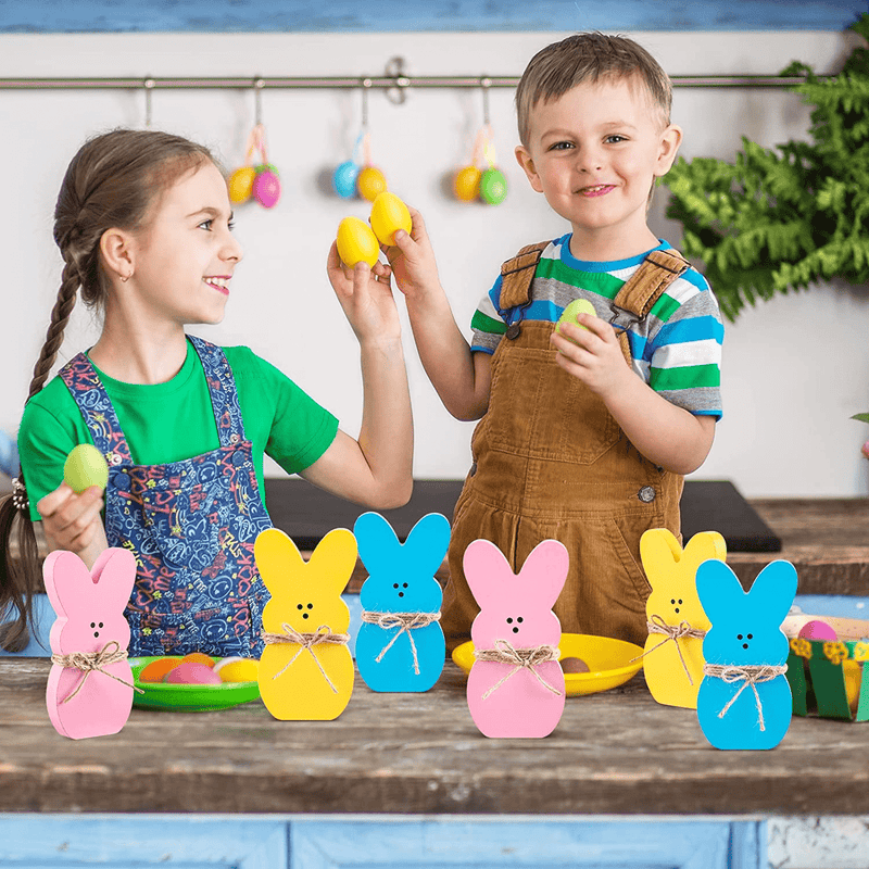 Whaline 3Pcs Easter Wooden Sign Pink Blue Yellow Easter Bunny Wooden Table Centerpieces with Jute Rope Freestanding Rabbit Shape Tabletop Decoration for Spring Birthday Home Office Farmhouse Gift