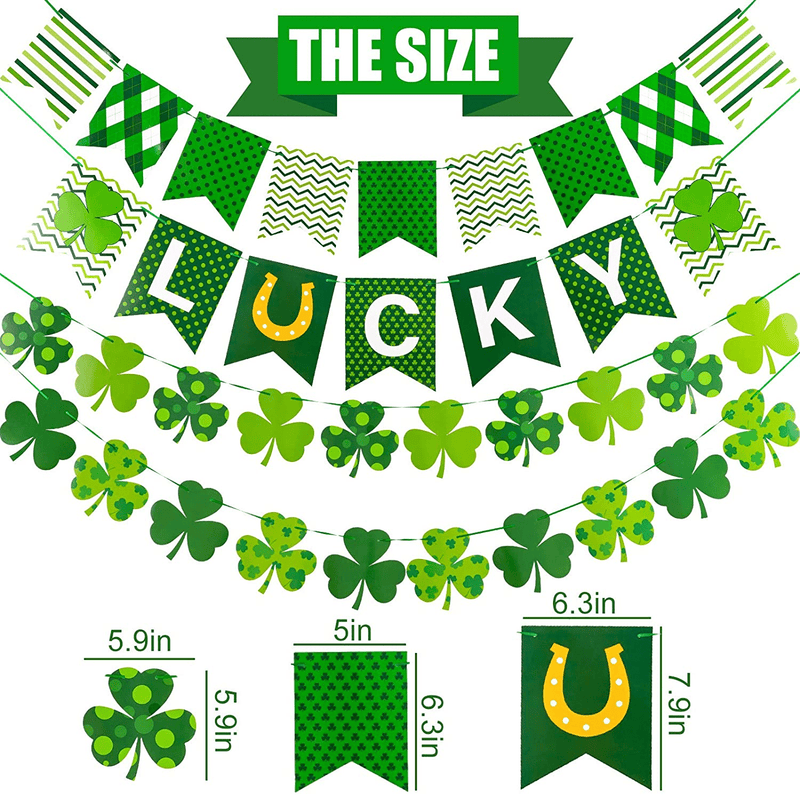 Whaline 4Pcs St. Patrick'S Day Banner Decoration Pre-Assembled Cartoon Holiday Flag Garland Double-Sided Green Lucky Shamrock Clover Banner Spring Irish Home Party Supplies Arts & Entertainment > Party & Celebration > Party Supplies Whaline   