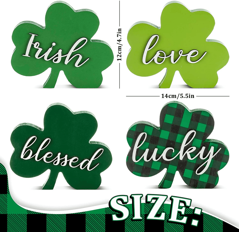 Whaline 4Pcs St. Patrick'S Day Wooden Sign Decoration Green Shamrock Wooden Table Centerpiece Freestanding Shamrock Tabletop with 3D Text for Tiered Tray Irish Holiday Home Party Farmhouse Office