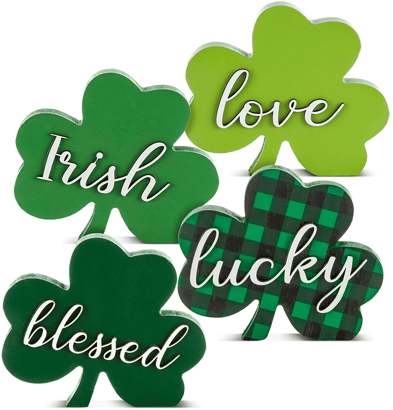 Whaline 4Pcs St. Patrick'S Day Wooden Sign Decoration Green Shamrock Wooden Table Centerpiece Freestanding Shamrock Tabletop with 3D Text for Tiered Tray Irish Holiday Home Party Farmhouse Office