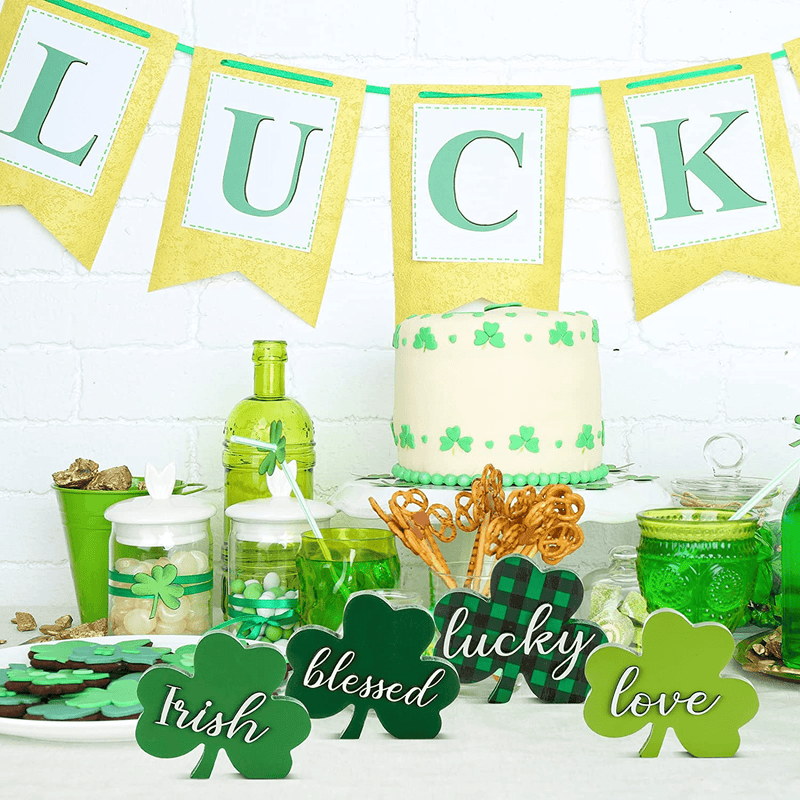 Whaline 4Pcs St. Patrick'S Day Wooden Sign Decoration Green Shamrock Wooden Table Centerpiece Freestanding Shamrock Tabletop with 3D Text for Tiered Tray Irish Holiday Home Party Farmhouse Office Arts & Entertainment > Party & Celebration > Party Supplies Whaline   