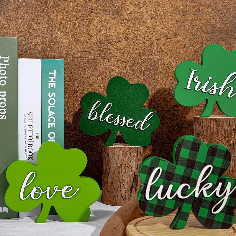 Whaline 4Pcs St. Patrick'S Day Wooden Sign Decoration Green Shamrock Wooden Table Centerpiece Freestanding Shamrock Tabletop with 3D Text for Tiered Tray Irish Holiday Home Party Farmhouse Office Arts & Entertainment > Party & Celebration > Party Supplies Whaline   