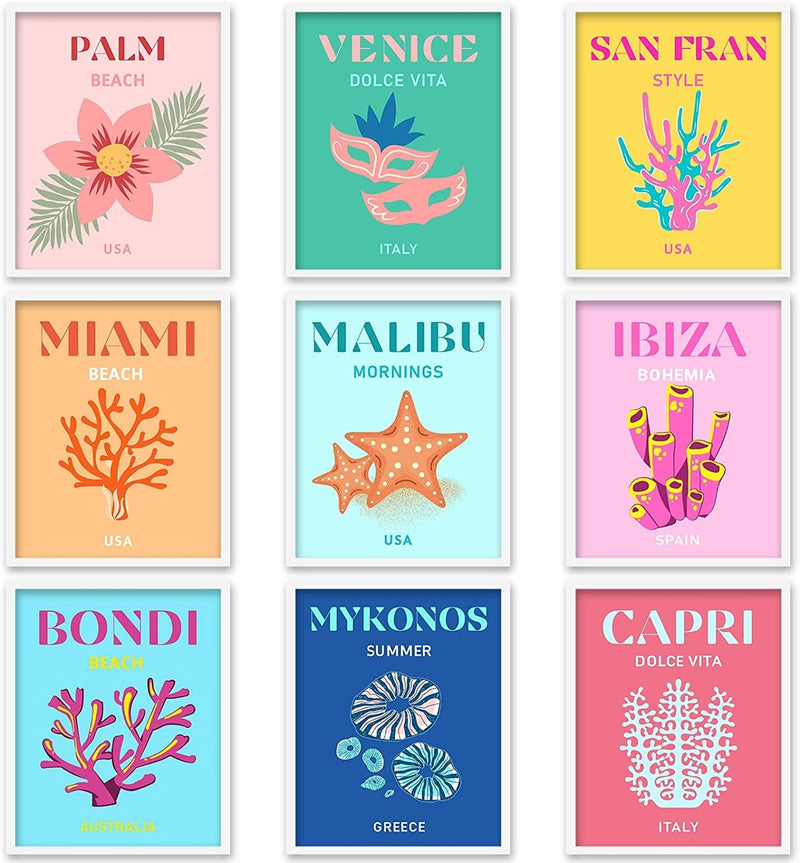 Whaline 9Pcs Preppy Travel Wall Art Prints Colorful Abstract Aesthetic Preppy Room Decor Minimalist Art Poster Decor for Teen Girls Bedroom Pink College Dorm Room Posters(Unframed 8X10In) Home & Garden > Decor > Artwork > Posters, Prints, & Visual Artwork Whaline 8x10 Inch  