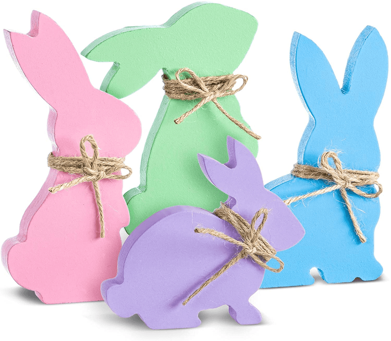 Whaline Easter Bunny Wooden Sign 4 Designs Easter Wooden Table Centerpiece with Jute Hemp Rope Freestanding Rabbit Shape Tabletop Decoration for Spring Birthday Home Office Gift Home & Garden > Decor > Seasonal & Holiday Decorations Whaline   