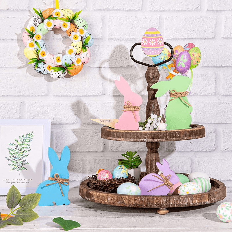 Whaline Easter Bunny Wooden Sign 4 Designs Easter Wooden Table Centerpiece with Jute Hemp Rope Freestanding Rabbit Shape Tabletop Decoration for Spring Birthday Home Office Gift Home & Garden > Decor > Seasonal & Holiday Decorations Whaline   