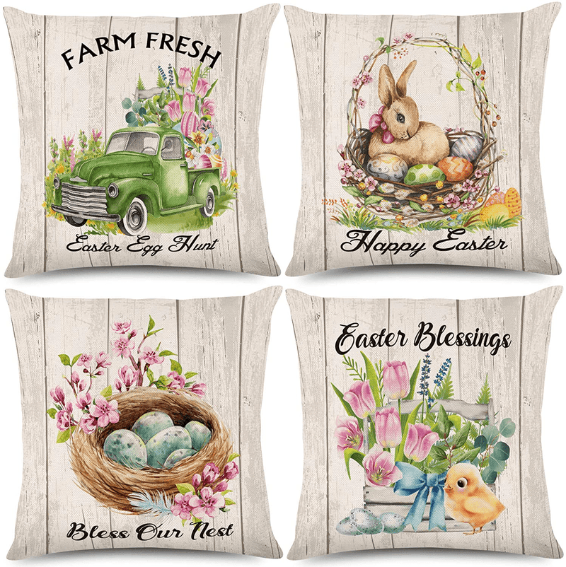 Whaline Easter Pillow Case Bunny Happy Easter Pillow Cushion Cover Easter Egg Throw Cushion Cover Chick Flower Truck Pillow Cover for Home Office Sofa Bed Couch, 18 X 18 Inch, 4Pcs