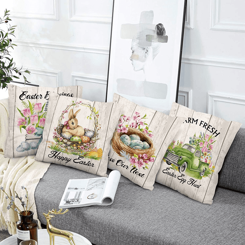 Whaline Easter Pillow Case Bunny Happy Easter Pillow Cushion Cover Easter Egg Throw Cushion Cover Chick Flower Truck Pillow Cover for Home Office Sofa Bed Couch, 18 X 18 Inch, 4Pcs Home & Garden > Decor > Chair & Sofa Cushions Whaline   