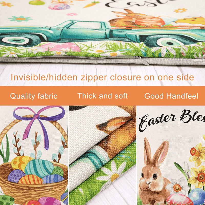 Whaline Easter Pillow Cover Bunny Pillow Case Easter Flower Cushion Cover Happy Easter Throw Cushion Cover Truck Egg Hunt for Home Office Sofa Bed Couch, 18 X 18 Inch, 4Pcs Home & Garden > Decor > Chair & Sofa Cushions Whaline   