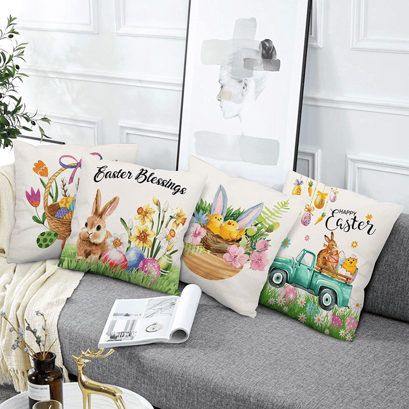 Whaline Easter Pillow Cover Bunny Pillow Case Easter Flower Cushion Cover Happy Easter Throw Cushion Cover Truck Egg Hunt for Home Office Sofa Bed Couch, 18 X 18 Inch, 4Pcs Home & Garden > Decor > Chair & Sofa Cushions Whaline   