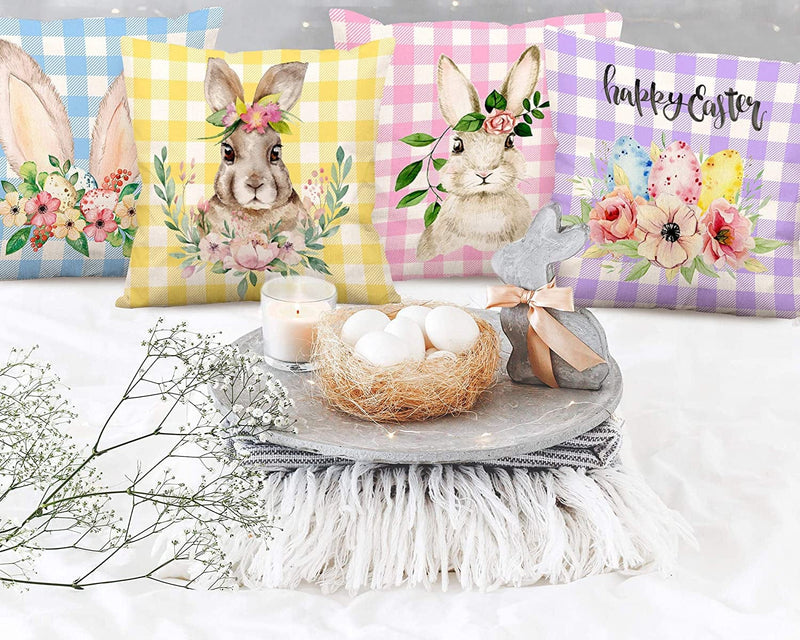 Whaline Easter Pillow Cover Watercolor Bunny Flower Eggs Cushion Cover Happy Easter Throw Pillows Case Buffalo Plaid Spring Farmhouse Decorations for Home Office Sofa Bed 18 X 18 Inch, 4Pcs Home & Garden > Decor > Seasonal & Holiday Decorations Whaline   