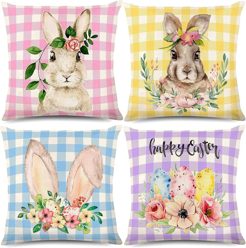 Whaline Easter Pillow Cover Watercolor Bunny Flower Eggs Cushion Cover Happy Easter Throw Pillows Case Buffalo Plaid Spring Farmhouse Decorations for Home Office Sofa Bed 18 X 18 Inch, 4Pcs Home & Garden > Decor > Seasonal & Holiday Decorations Whaline   