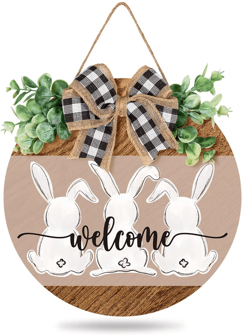 Whaline Easter Wooden Hanging Sign Bunny Rabbit Welcome Sign Door Decoration with Bow Rustic Easter Wood Wreath Sign for Easter Spring Holiday Home Coffee Shop Bakery Farmhouse Window