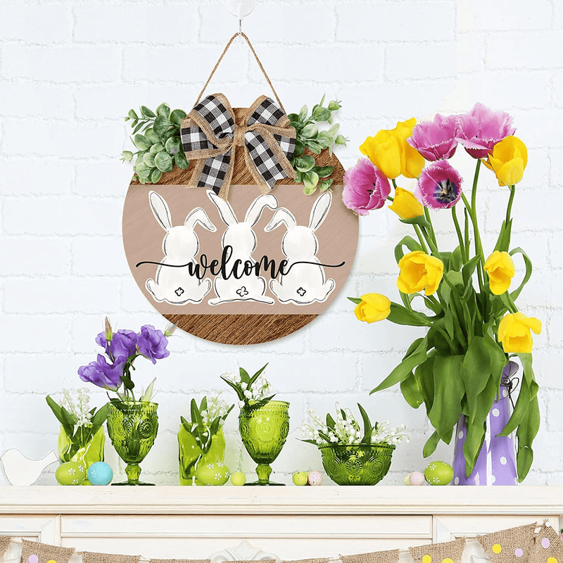 Whaline Easter Wooden Hanging Sign Bunny Rabbit Welcome Sign Door Decoration with Bow Rustic Easter Wood Wreath Sign for Easter Spring Holiday Home Coffee Shop Bakery Farmhouse Window Home & Garden > Decor > Seasonal & Holiday Decorations Whaline   