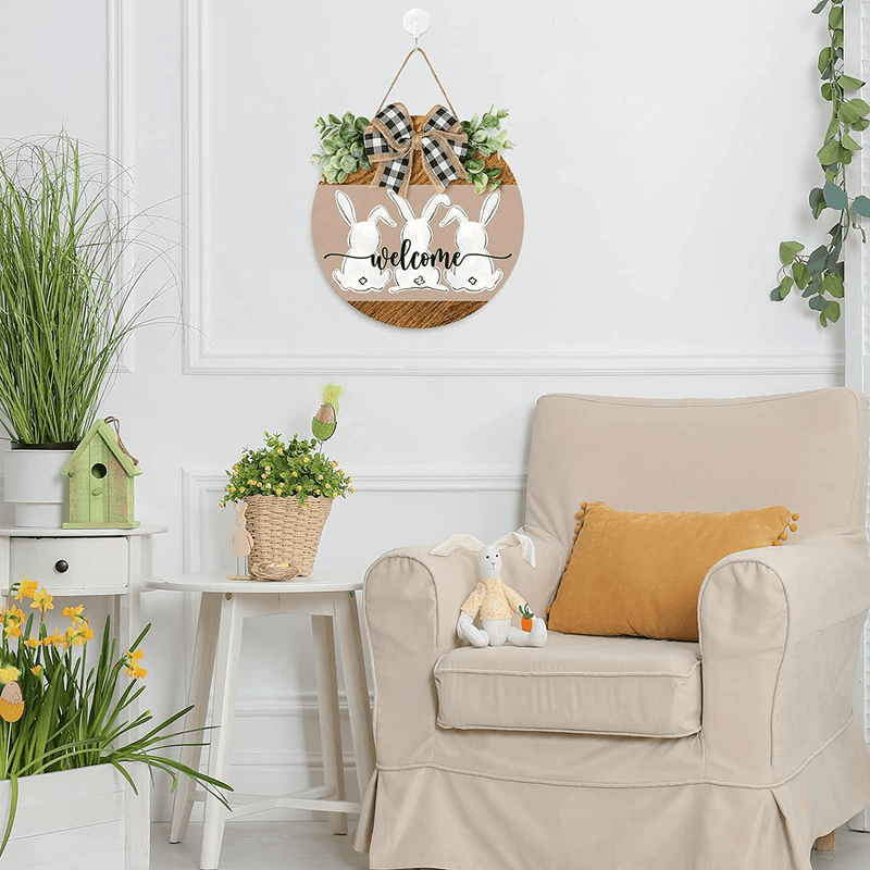 Whaline Easter Wooden Hanging Sign Bunny Rabbit Welcome Sign Door Decoration with Bow Rustic Easter Wood Wreath Sign for Easter Spring Holiday Home Coffee Shop Bakery Farmhouse Window Home & Garden > Decor > Seasonal & Holiday Decorations Whaline   