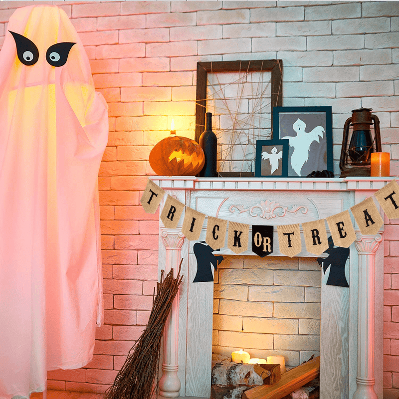 Whaline Halloween Trick or Treat Burlap Banner, Hanging Halloween Banner Home Decor Bunting Flag Fireplace Garland Halloween Party Decorations Supplies