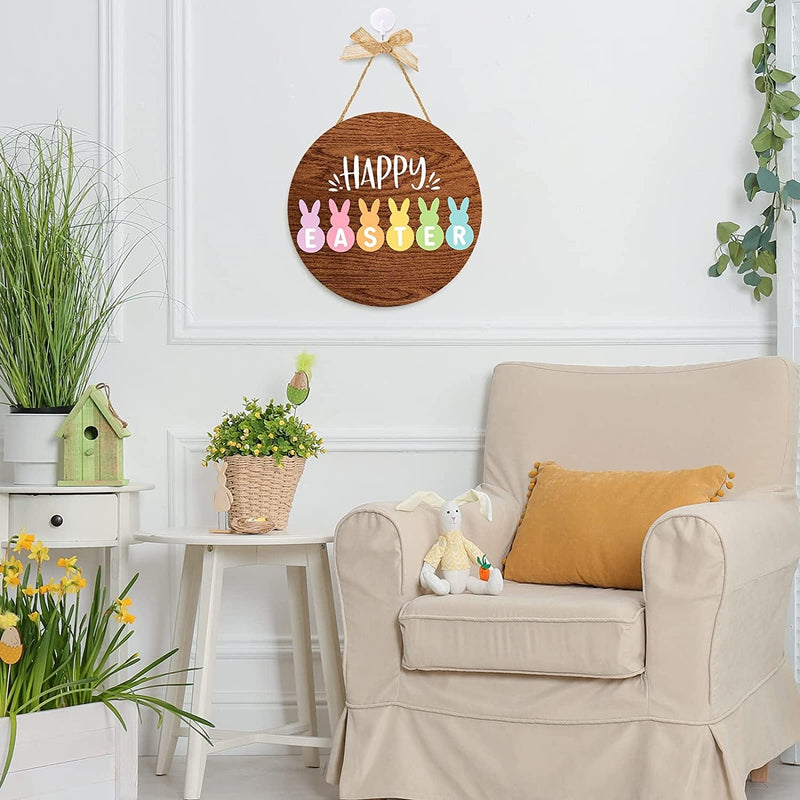 Whaline Happy Easter Wooden Hanging Sign Colorful Bunny Rabbit Welcome Sign Door Decoration Rustic Easter Wood Wreath Sign for Easter Spring Holiday Home Coffee Shop Bakery Farmhouse Window Home & Garden > Decor > Seasonal & Holiday Decorations Whaline   