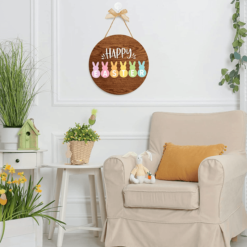 Whaline Happy Easter Wooden Hanging Sign Colorful Bunny Rabbit Welcome Sign Door Decoration Rustic Easter Wood Wreath Sign for Easter Spring Holiday Home Coffee Shop Bakery Farmhouse Window