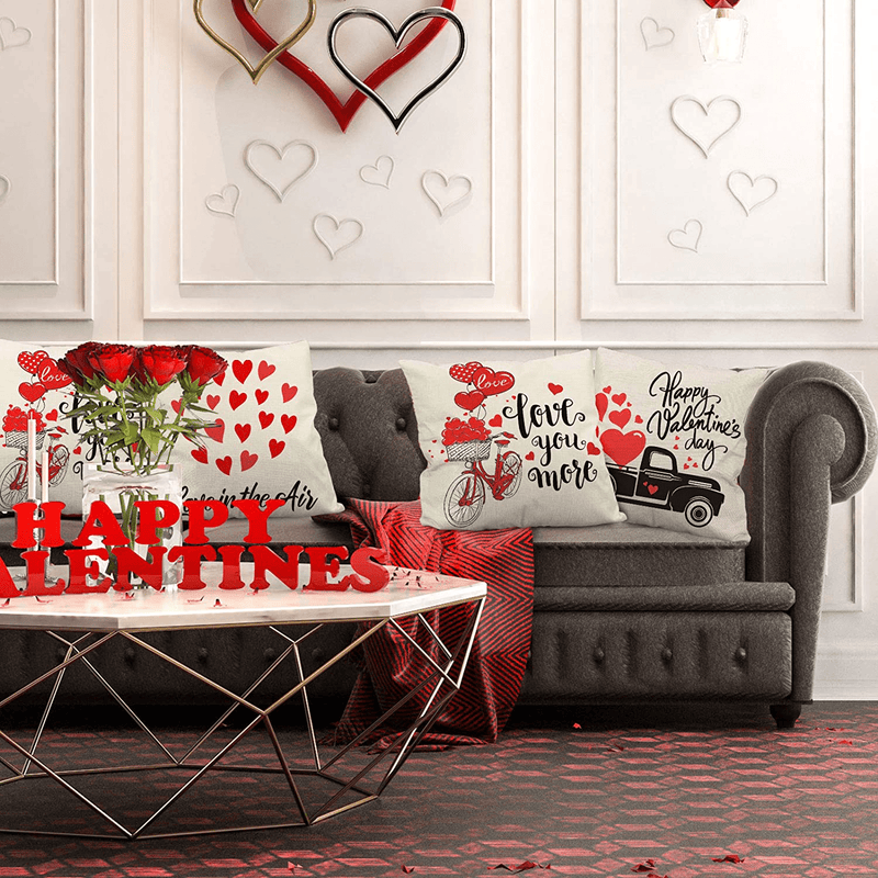Whaline Happy Valentine'S Day Pillow Case Red Heart Pillow Cover Truck Bicycle Love Throw Pillow Cover 18 X 18 Inch Valentine Cushion Cover for Wedding Anniversary Home Office Car Couch Sofa Bed, 4Pcs
