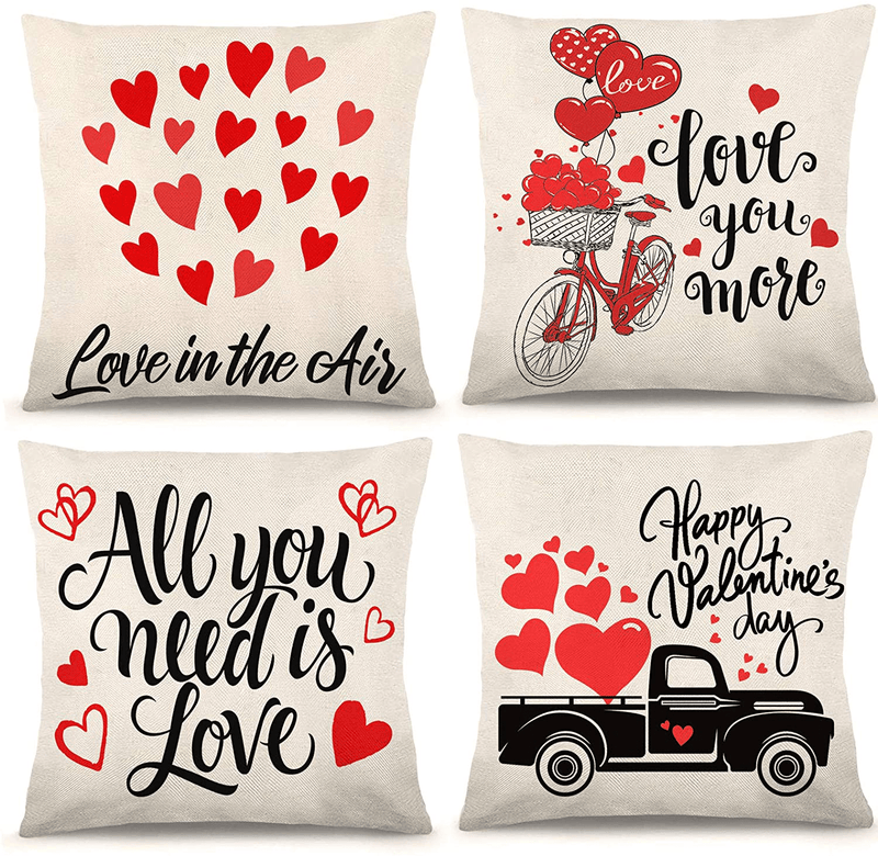 Whaline Happy Valentine'S Day Pillow Case Red Heart Pillow Cover Truck Bicycle Love Throw Pillow Cover 18 X 18 Inch Valentine Cushion Cover for Wedding Anniversary Home Office Car Couch Sofa Bed, 4Pcs Home & Garden > Decor > Chair & Sofa Cushions Whaline   
